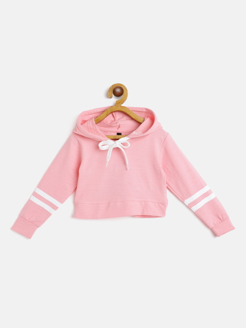 

GAME BEGINS Girls Pink Self Striped Cotton Hooded Crop T-shirt