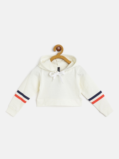 

GAME BEGINS Girls Off White Self Striped Cotton Crop Hooded T-shirt