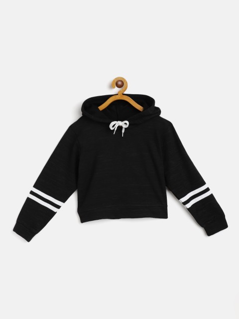 

GAME BEGINS Girls Black Self Striped Cotton Crop Hooded T-shirt