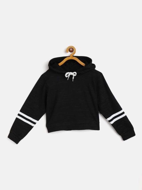 

GAME BEGINS Girls Black Self Striped Cotton Crop Hooded T-shirt