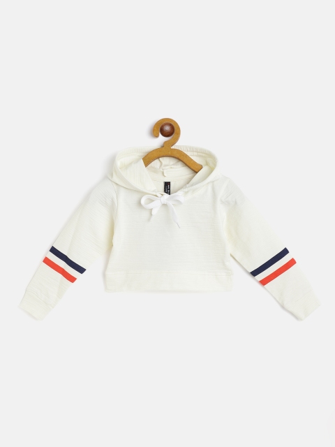 

GAME BEGINS Girls Off White Self Striped Crop Hooded Pure Cotton T-shirt