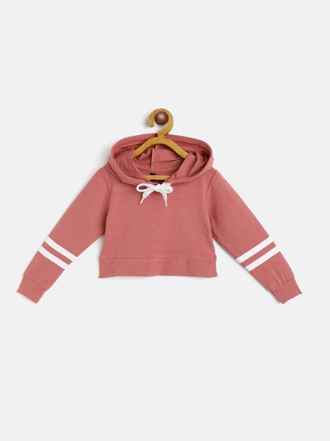

GAME BEGINS Girls Peach-Coloured Cotton Hooded Crop Pure Cotton T-shirt