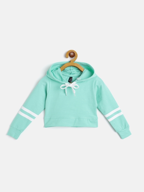 

GAME BEGINS Girls Sea Green Self Striped Cotton Crop Hooded T-shirt