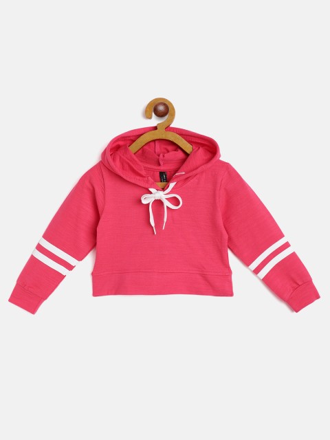 

GAME BEGINS Girls Fuchsia Pink Self Striped Cotton Crop Hooded Pure Cotton T-shirt