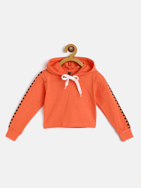 

GAME BEGINS Girls Orange Cotton Hooded Crop Top