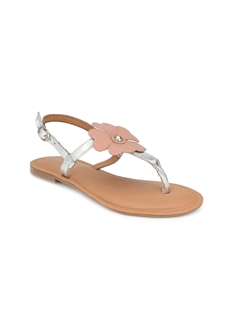 

DressBerry Women Silver-Toned T-Strap Flats