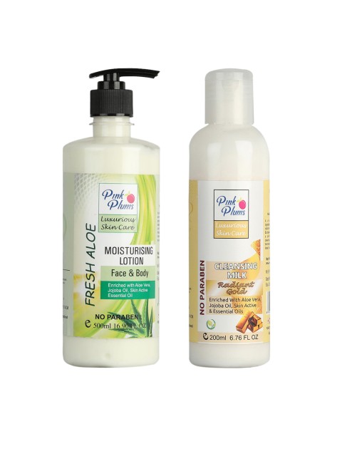 

Pink Plums 2 Pcs Aloevera Face & Body Moisturising with Cleansing Milk Body Lotion 700 ml, Multi