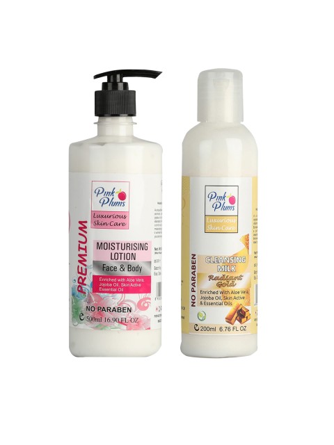 

Pink Plums 2 Pcs Face & Body Moisturising with Body Lotion Cleansing Milk 700 ml, Multi