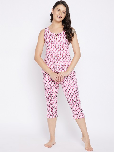 

Clovia Women White & Pink Printed Night suit LS0266P183XL
