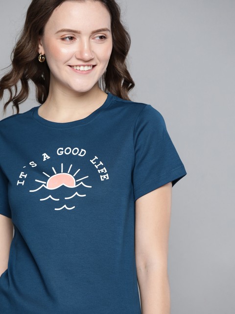 

Mast & Harbour Women Teal Blue Pure Cotton Printed T-shirt