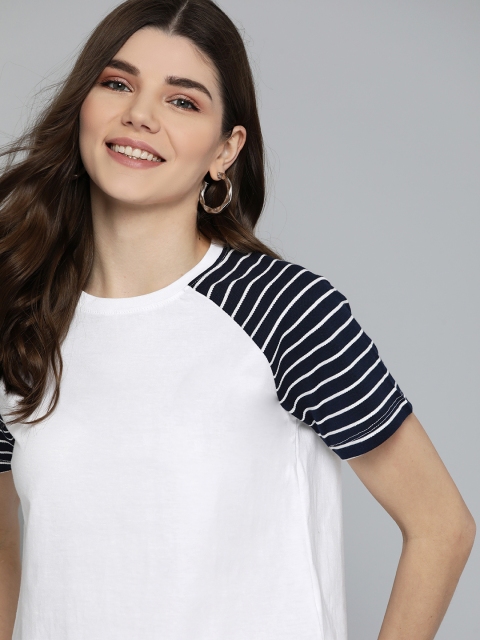 

Mast & Harbour Women White & Blue Solid Pure Cotton T-shirt