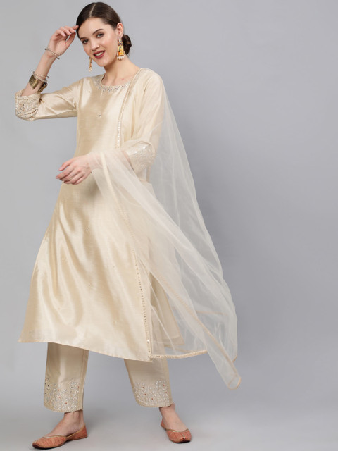 

Nayo Women Cream-Coloured Panelled Sequinned Kurta with Trousers & With Dupatta