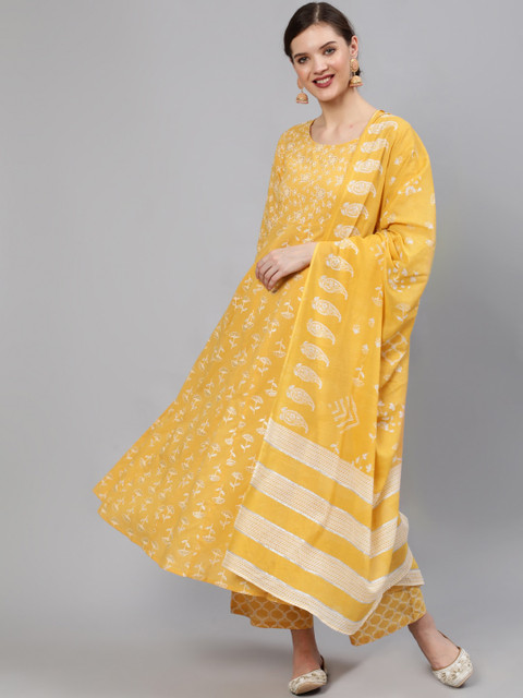 

Nayo Women Yellow Ethnic Motifs Embroidered Empire Pure Cotton Kurti with Salwar & With Dupatta