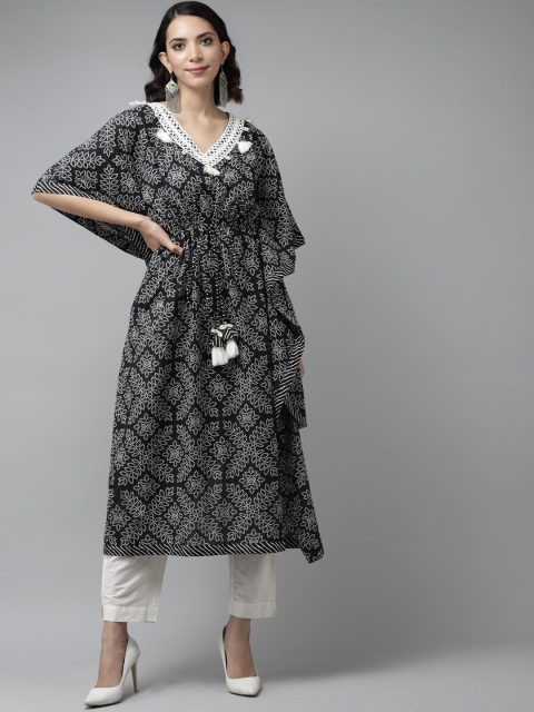 

Yufta Women Black Cotton Ethnic Motifs Printed Flared Sleeves Gotta Patti Kaftan Kurta