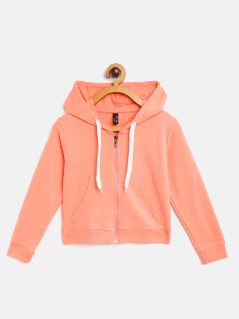 

GAME BEGINS Girls Peach-Coloured Cotton Solid Hooded Sweatshirt
