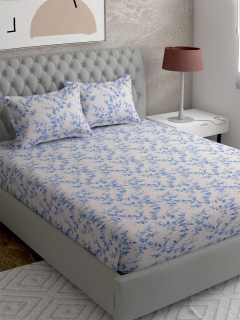 

EverHOME White & Blue Floral 210 TC Super King Bedsheet with 2 Pillow Covers