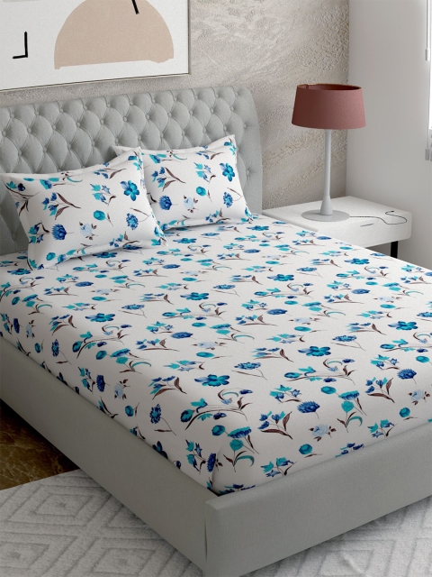 

EverHOME White & Blue Floral 210 TC Super King Bedsheet with 2 Pillow Covers