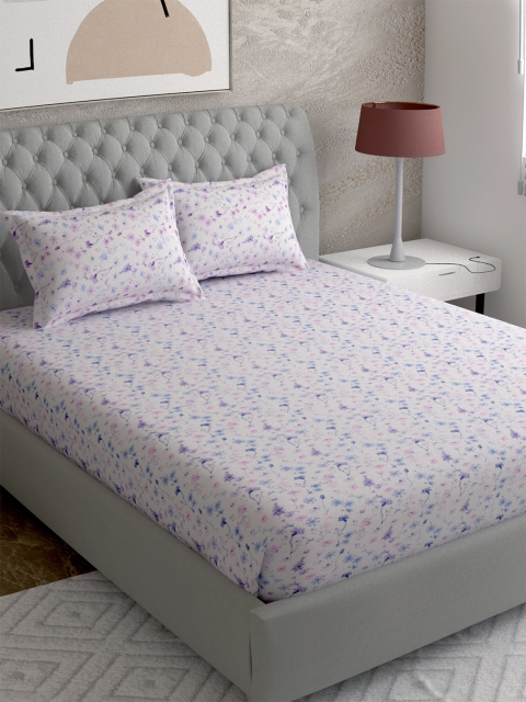 

EverHOME White & Blue Floral 210 TC Super King Bedsheet with 2 Pillow Covers