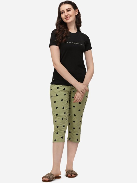

Lenissa Women Black & Olive Green Printed Lycra & Pure Cotton Night Suit
