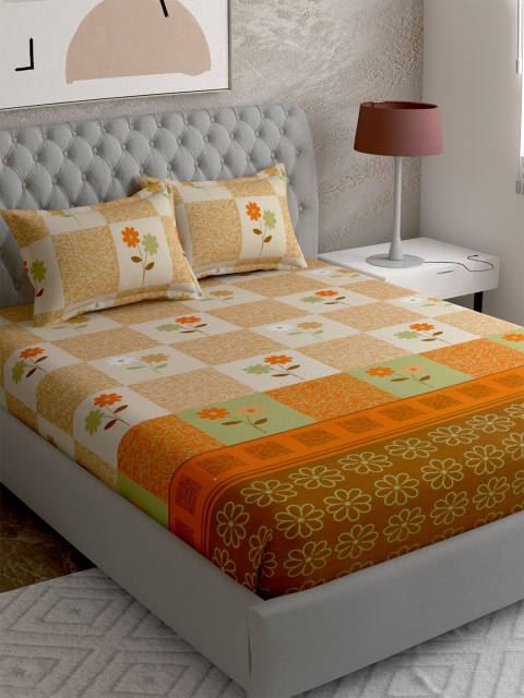 

EverHOME Tan & Orange Floral 144 TC Super King Bedsheet with 2 Pillow Covers
