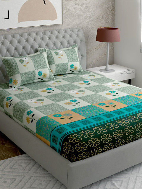 

EverHOME Green & Blue Floral 144 TC Super King Bedsheet with 2 Pillow Covers