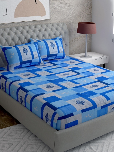 

EverHOME Blue & Grey Melange Geometric 144 TC Super King Bedsheet with 2 Pillow Covers