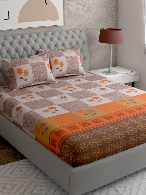 

EverHOME Beige & Orange Floral 144 TC Super King Bedsheet with 2 Pillow Covers