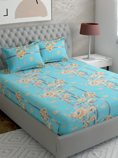 

EverHOME Blue & Beige Floral 144 TC Super King Bedsheet with 2 Pillow Covers
