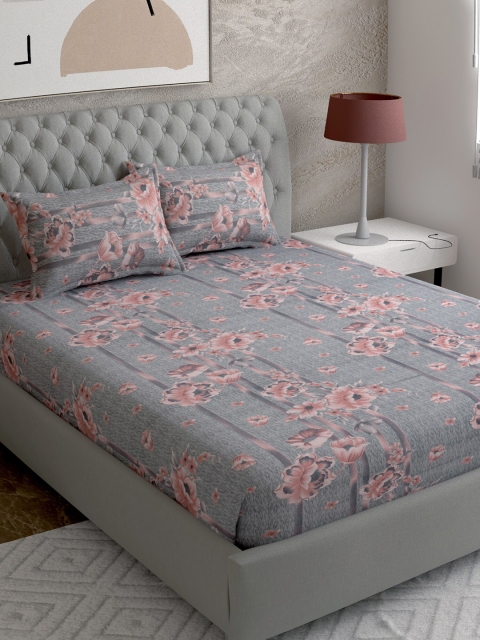 

EverHOME Grey & Peach-Coloured Floral 144 TC Super King Bedsheet with 2 Pillow Covers