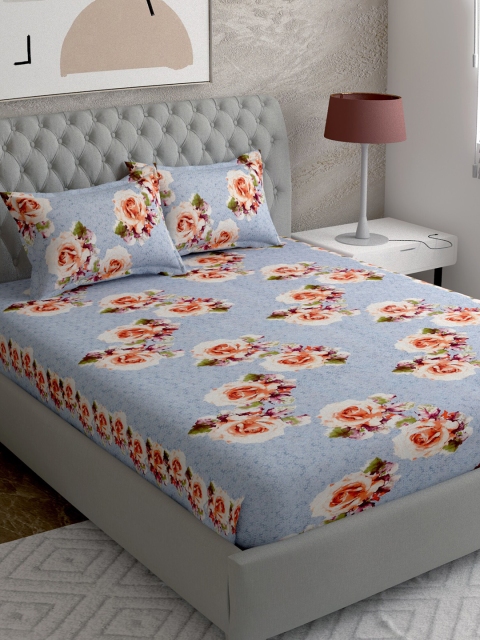 

EverHOME Blue & Orange Floral Printed Cotton 210 TC King Bedsheet with 2 Pillow Covers