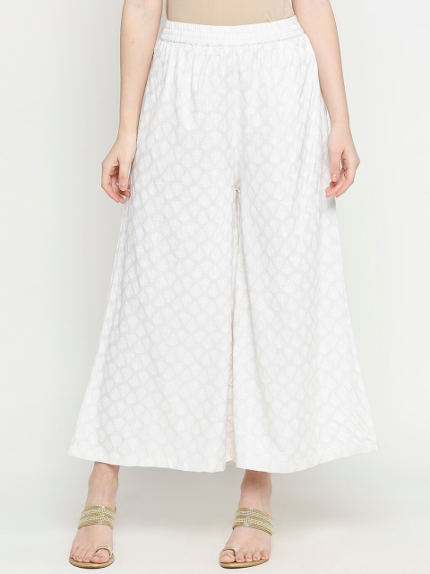 

RANGMANCH BY PANTALOONS Women Off White Self Design Flared Palazzos