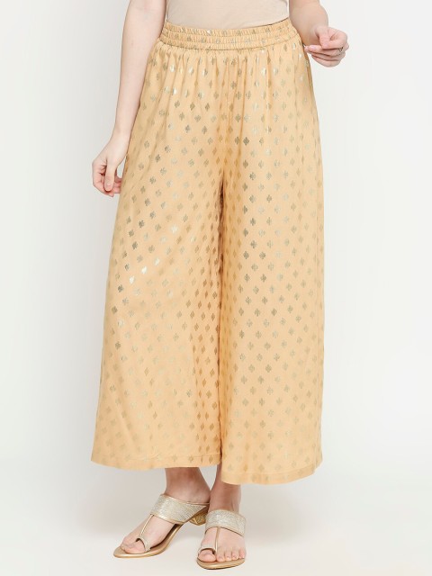 

RANGMANCH BY PANTALOONS Women Gold-Toned & Beige Ethnic Motifs Printed Palazzos