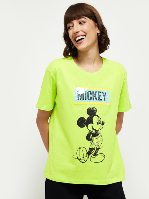 

max Women Lime Green Mickey Mouse Printed Raw Edge T-shirt