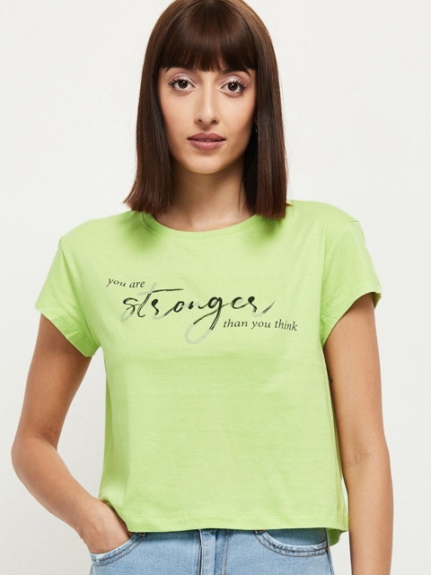 

max Women Yellow Typography Extended Sleeves Raw Edge T-shirt