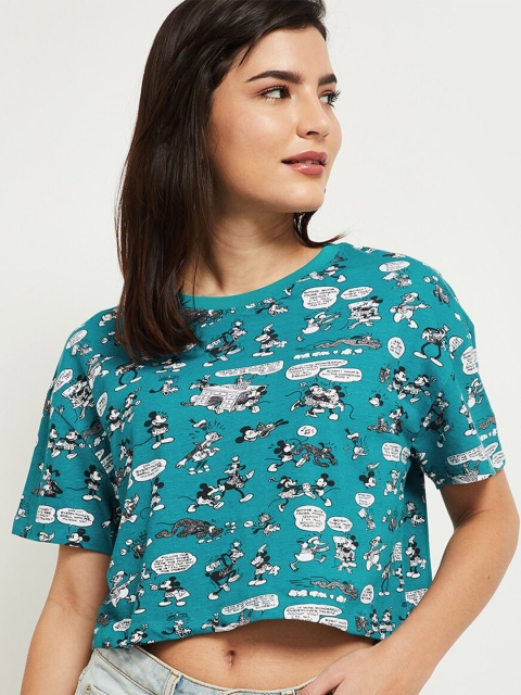 

max Women Teal Blue & Off White Printed Raw Edge T-shirt