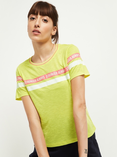 

max Women Yellow Typography Striped V-Neck T-shirt