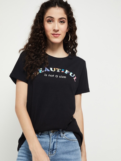 

max Women Black Typography Printed Extended Sleeves T-shirt