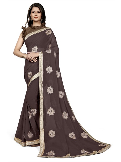 

KALINI Brown & White Ethnic Motifs Embroidered Saree