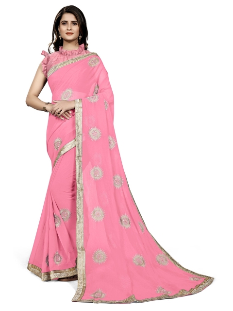 

KALINI Peach-Coloured & Gold-Tone Ethnic Motifs Embroidered Chiffon Saree, Pink