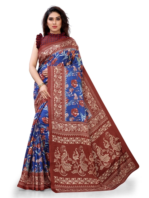 

KALINI Blue & Maroon Art Silk Floral Printed Saree