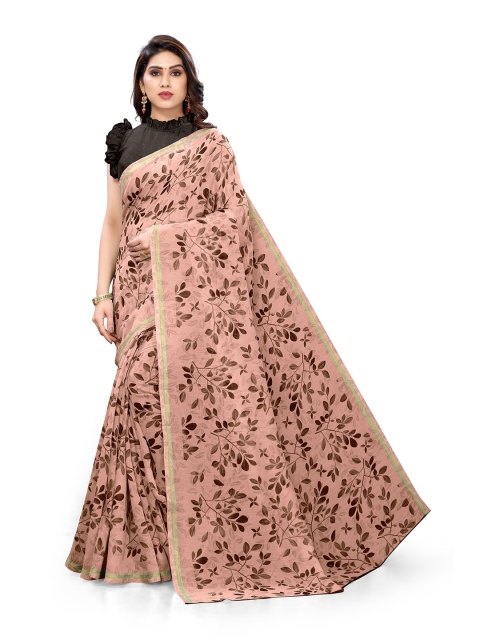 

KALINI Peach-Coloured & Brown Floral Printed Saree
