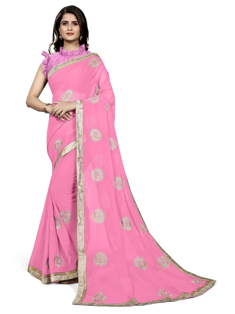 

KALINI Pink & Gold-Tone Ethnic Motifs Embroidered Chiffon Saree