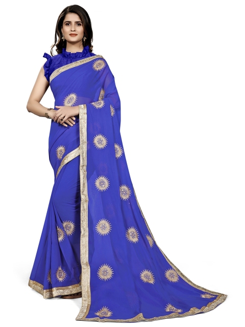 

KALINI Blue & Gold-Coloured Ethnic Motifs Embroidered Saree