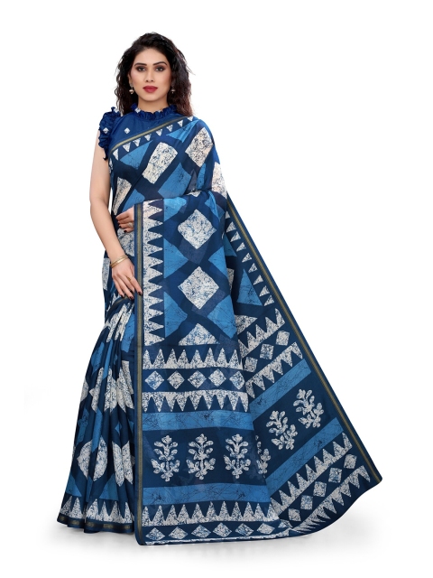 

KALINI Blue & White Geometric Printed Saree