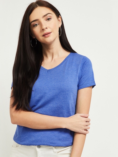 

max Women Violet V-Neck Extended Sleeves Pockets T-shirt