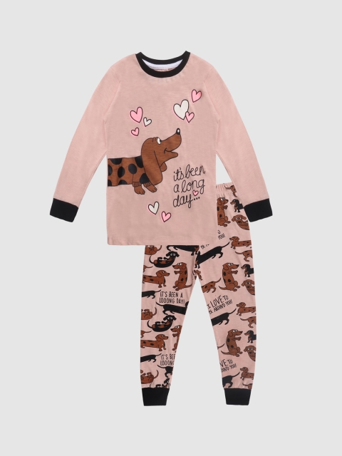 

Lazy Shark Girls Pink & Brown Printed Night suit