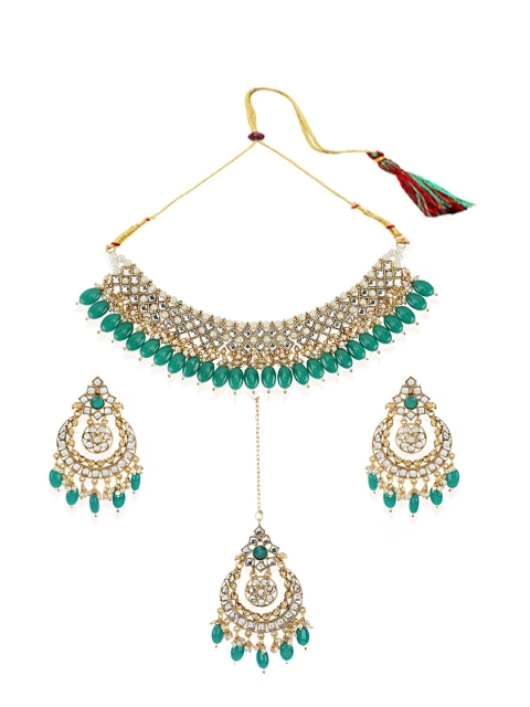 

ANIKAS CREATION Gold-Plated Green & White Stone-Studded & Beaded Jewellery Set