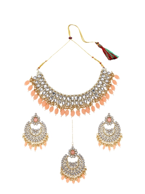 

ANIKAS CREATION Peach-Coloured & White Gold-Plated Stone-Studded Jewellery Set