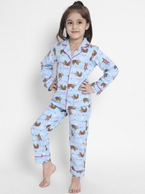 

Nauti Nati Girls Cotton Blue & Brown Printed Night suit