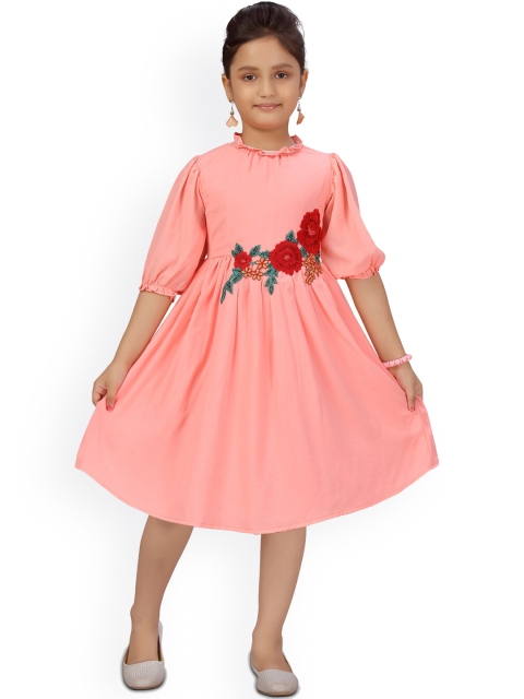

Aarika Girls Peach-Coloured & Red Floral Embroidered Georgette Dress